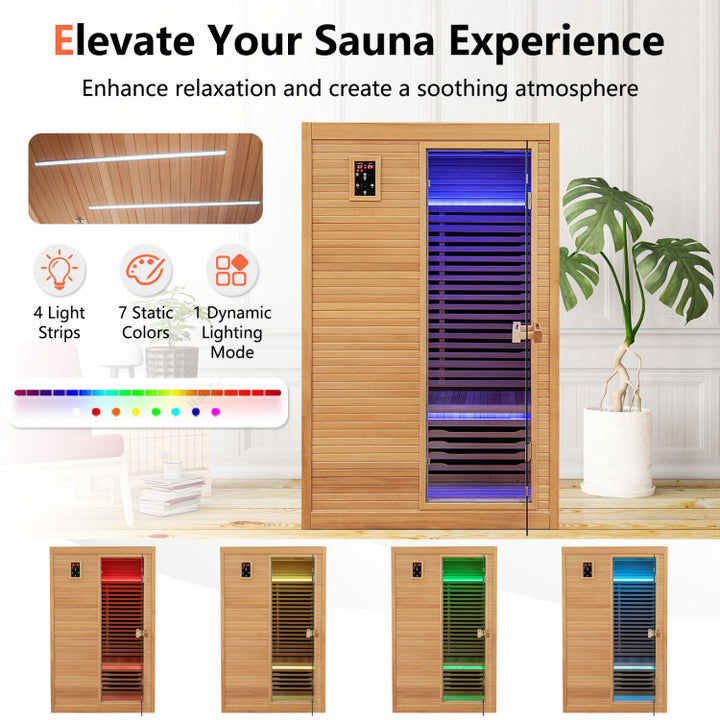 2 Person Far Infrared Wooden Sauna Room 900W Hemlock Wood Home Sauna Box with Dual Intelligent Control Panels and 9 Carbon Heaters