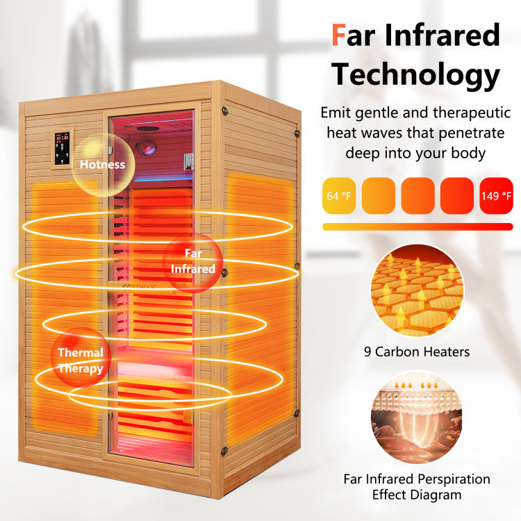 2 Person Far Infrared Wooden Sauna Room 900W Hemlock Wood Home Sauna Box with Dual Intelligent Control Panels and 9 Carbon Heaters
