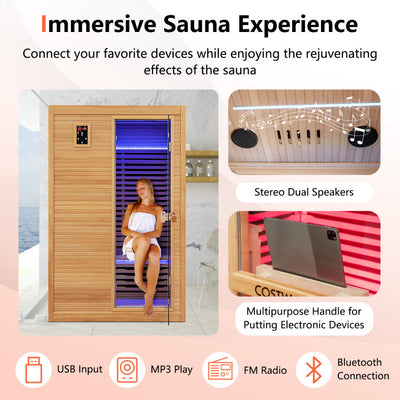 2 Person Far Infrared Wooden Sauna Room 900W Hemlock Wood Home Sauna Box with Dual Intelligent Control Panels and 9 Carbon Heaters