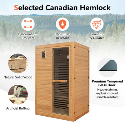 2 Person Far Infrared Wooden Sauna Room 900W Hemlock Wood Home Sauna Box with Dual Intelligent Control Panels and 9 Carbon Heaters