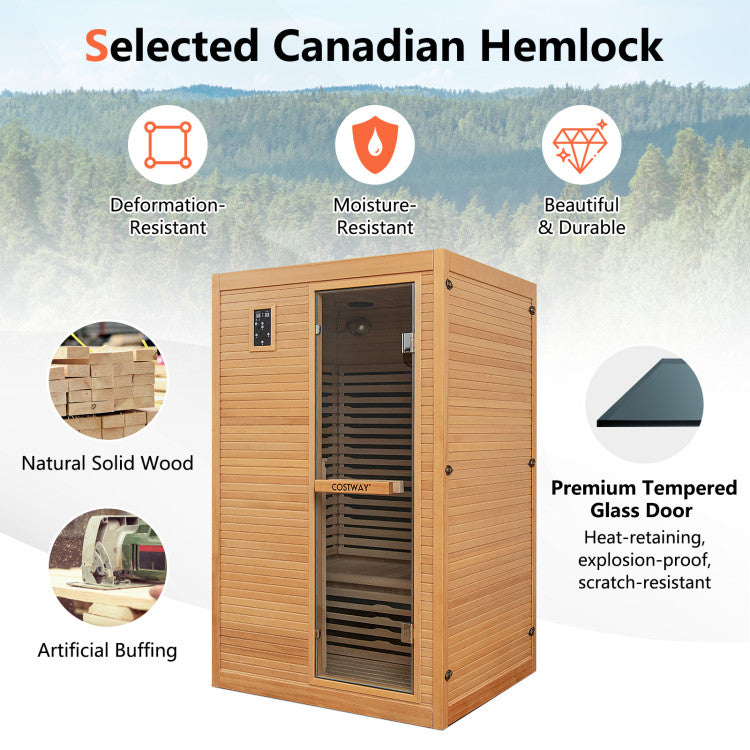 2 Person Far Infrared Wooden Sauna Room 900W Hemlock Wood Home Sauna Box with Dual Intelligent Control Panels and 9 Carbon Heaters