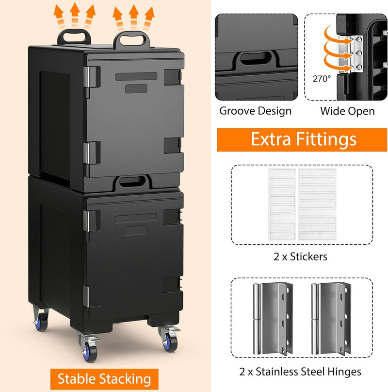 2 Pieces 81 Quart End-Loading Insulated Food Pan Carrier Portable Stackable Food Warmer Container with Wheels and Fastener