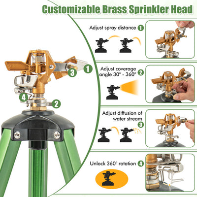 2 Pack Tripod Sprinkler Set Heavy Duty Impact Water Sprinklers on Tripod Base with 360 Degree Rotation, Height Adjustment, Filter