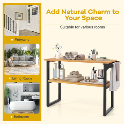2-Tier Solid Teak Wood Bathroom Shelf with Towel Rack