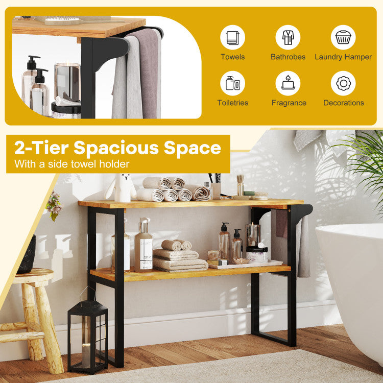 2-Tier Solid Teak Wood Bathroom Shelf with Towel Rack