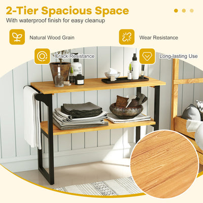 2-Tier Solid Teak Wood Bathroom Shelf with Towel Rack