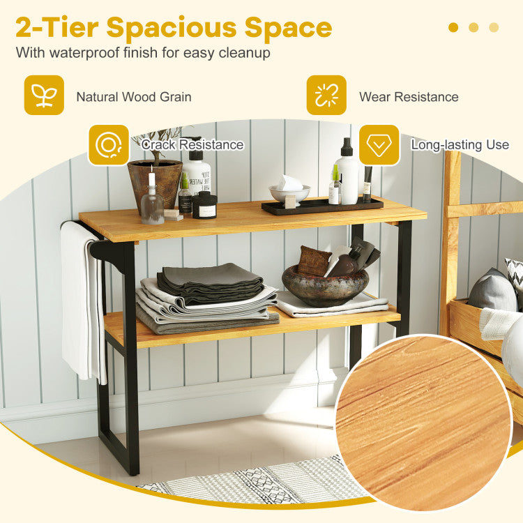 2-Tier Solid Teak Wood Bathroom Shelf with Towel Rack