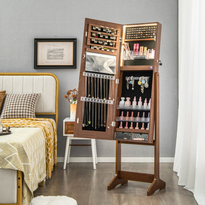 2 in 1 Adjustable Jewelry Cabinet Standing Lockable Jewelry Armoire Organizer with LED Lights and Full-Length Mirror