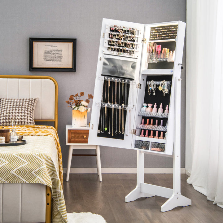 2 in 1 Adjustable Jewelry Cabinet Standing Lockable Jewelry Armoire Organizer with LED Lights and Full-Length Mirror