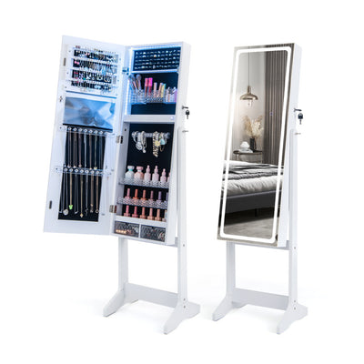 2 in 1 Adjustable Jewelry Cabinet Standing Lockable Jewelry Armoire Organizer with LED Lights and Full-Length Mirror
