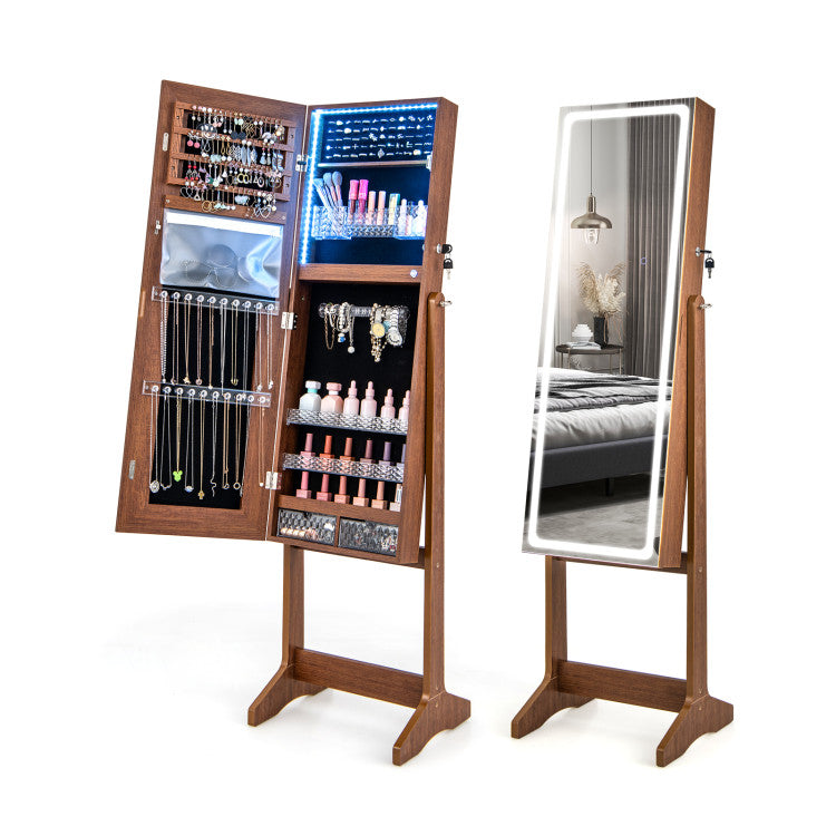 2 in 1 Adjustable Jewelry Cabinet Standing Lockable Jewelry Armoire Organizer with LED Lights and Full-Length Mirror