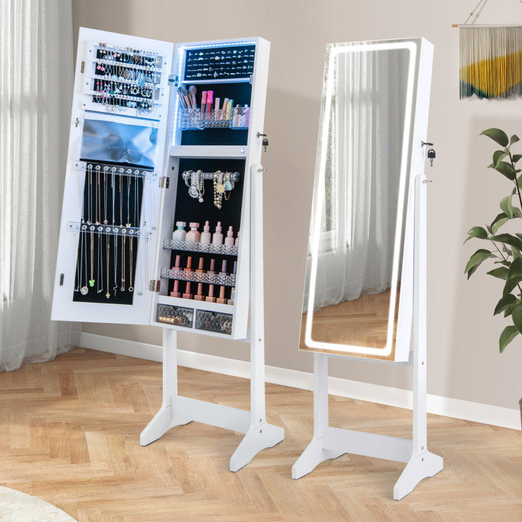 2 in 1 Adjustable Jewelry Cabinet Standing Lockable Jewelry Armoire Organizer with LED Lights and Full-Length Mirror