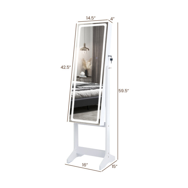 2 in 1 Adjustable Jewelry Cabinet Standing Lockable Jewelry Armoire Organizer with LED Lights and Full-Length Mirror