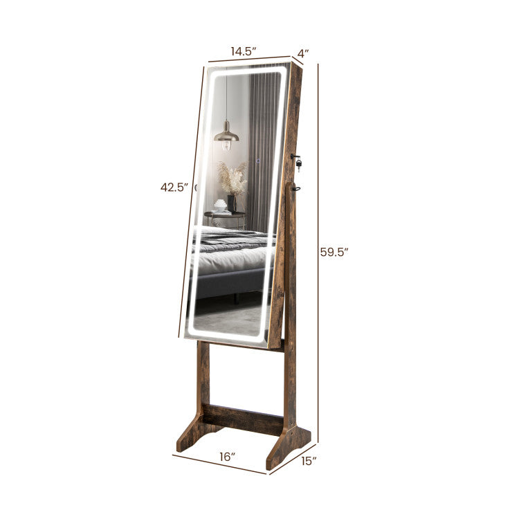 2 in 1 Adjustable Jewelry Cabinet Standing Lockable Jewelry Armoire Organizer with LED Lights and Full-Length Mirror