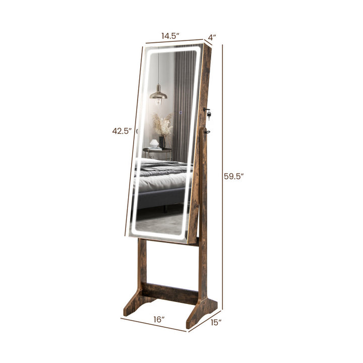 2 in 1 Adjustable Jewelry Cabinet Standing Lockable Jewelry Armoire Organizer with LED Lights and Full-Length Mirror