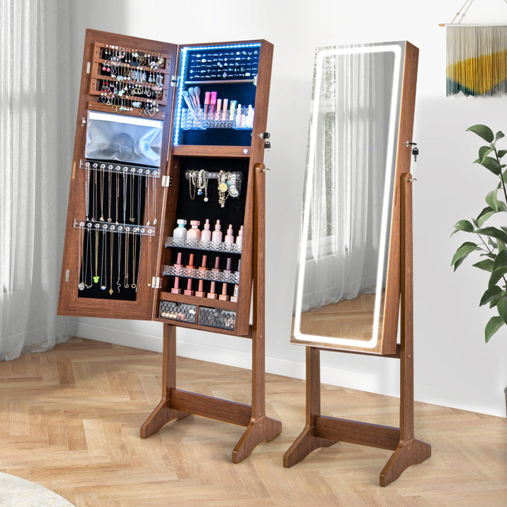 2 in 1 Adjustable Jewelry Cabinet Standing Lockable Jewelry Armoire Organizer with LED Lights and Full-Length Mirror