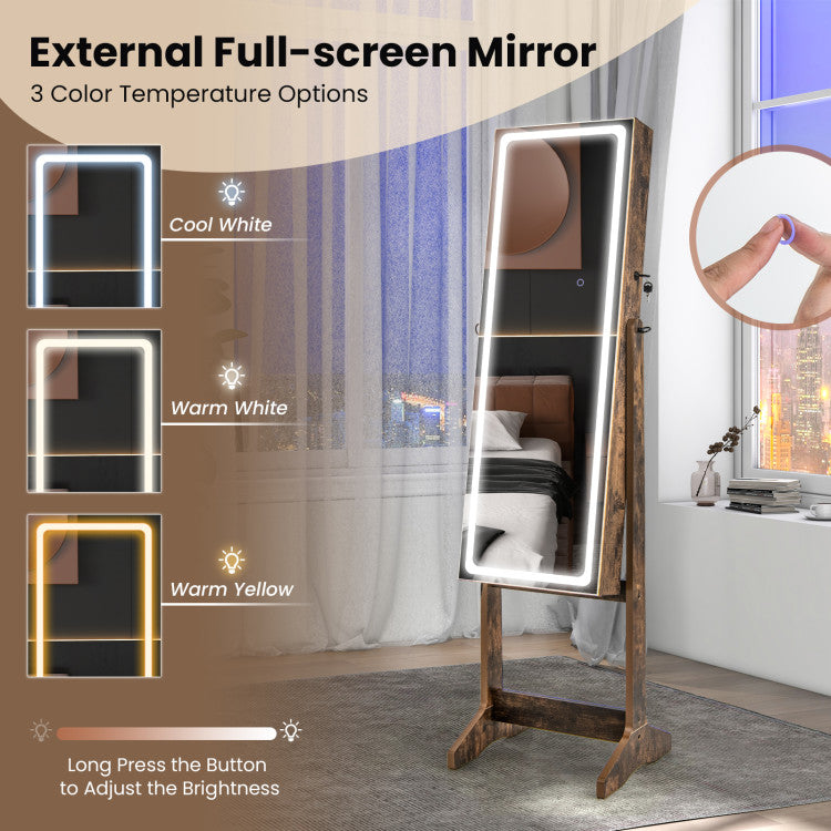 2 in 1 Adjustable Jewelry Cabinet Standing Lockable Jewelry Armoire Organizer with LED Lights and Full-Length Mirror
