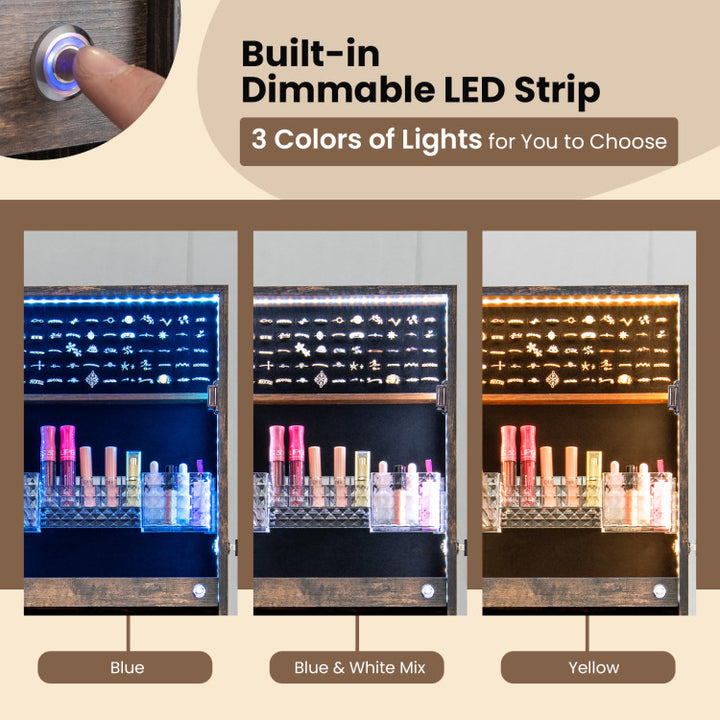 2 in 1 Adjustable Jewelry Cabinet Standing Lockable Jewelry Armoire Organizer with LED Lights and Full-Length Mirror