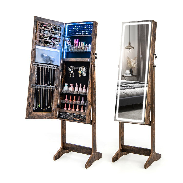 2 in 1 Adjustable Jewelry Cabinet Standing Lockable Jewelry Armoire Organizer with LED Lights and Full-Length Mirror