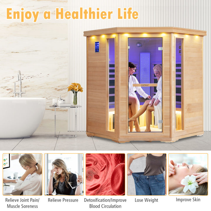 3-5 People Far Infrared Wooden Sauna Room Hemlock Wood Home Sauna Spa with Tempered Glass Door and APP Control