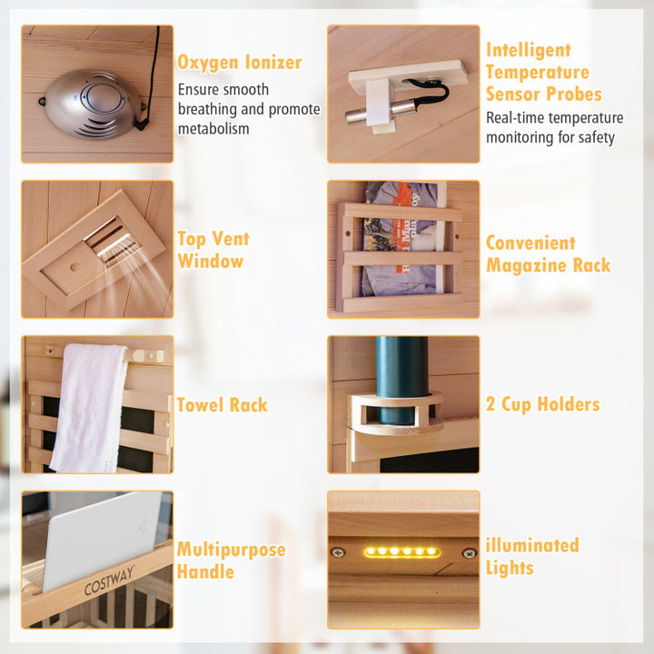 3-5 People Far Infrared Wooden Sauna Room Hemlock Wood Home Sauna Spa with Tempered Glass Door and APP Control