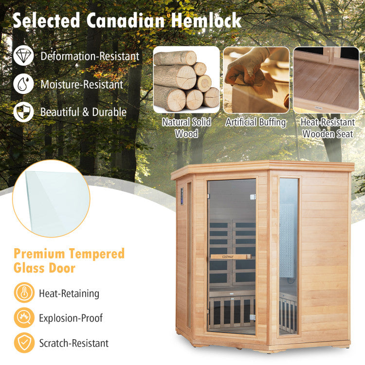 3-5 People Far Infrared Wooden Sauna Room Hemlock Wood Home Sauna Spa with Tempered Glass Door and APP Control