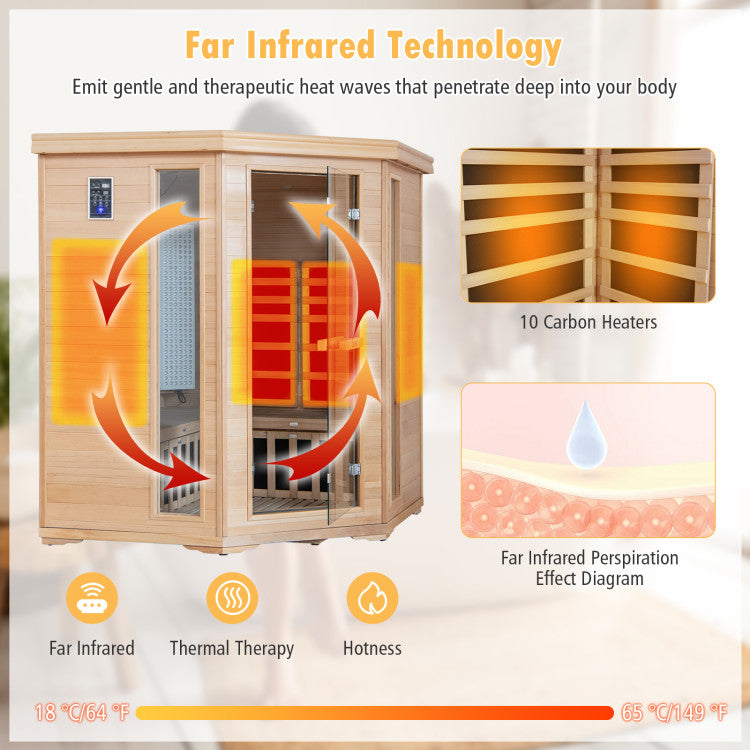 3-5 People Far Infrared Wooden Sauna Room Hemlock Wood Home Sauna Spa with Tempered Glass Door and APP Control
