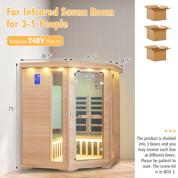 3-5 People Far Infrared Wooden Sauna Room Hemlock Wood Home Sauna Spa with Tempered Glass Door and APP Control