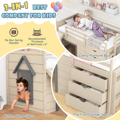 3-In-1 Solid Wood Twin Loft Bed Frame with Slide Ladder Drawers for Kids Teens