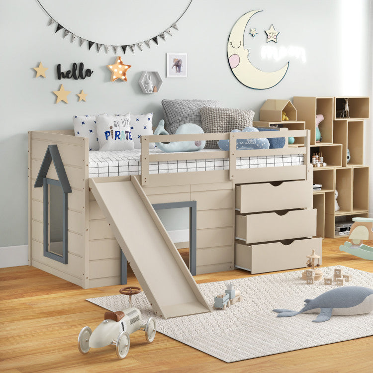 3-In-1 Solid Wood Twin Loft Bed Frame with Slide Ladder Drawers for Kids Teens