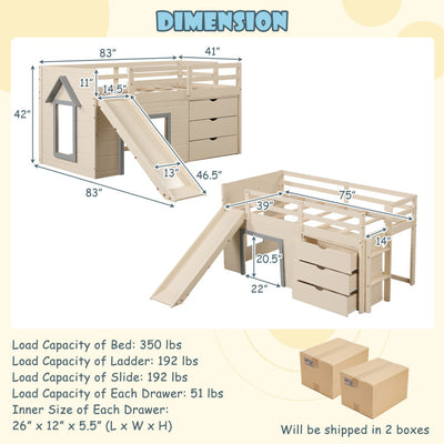 3-In-1 Solid Wood Twin Loft Bed Frame with Slide Ladder Drawers for Kids Teens