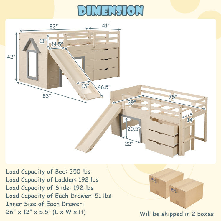 3-In-1 Solid Wood Twin Loft Bed Frame with Slide Ladder Drawers for Kids Teens