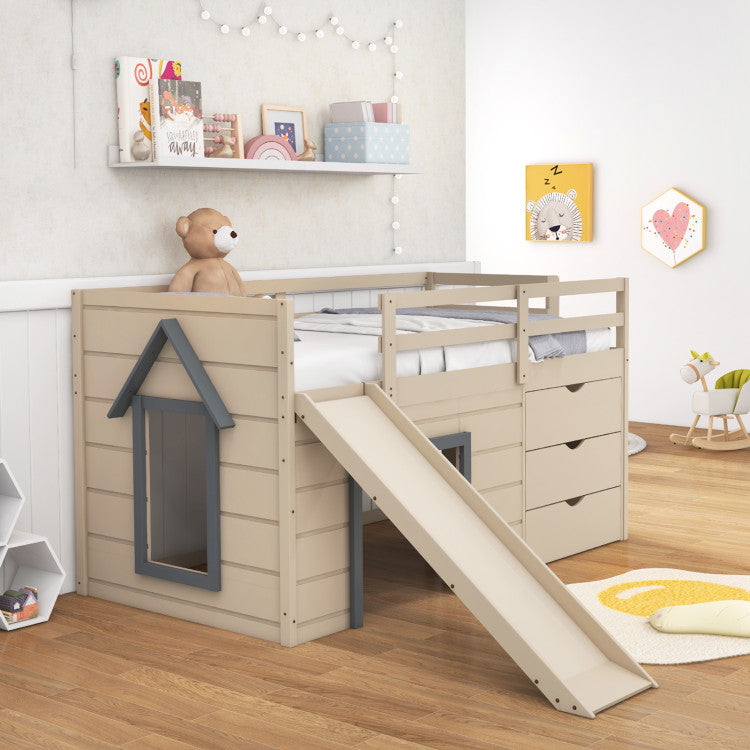 3-In-1 Solid Wood Twin Loft Bed Frame with Slide Ladder Drawers for Kids Teens