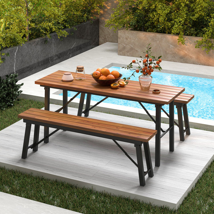 3 Pieces Foldable Picnic Table &amp; Bench Set Outdoor Acacia Wood Dining Camping Table Sets for BBQ Yard