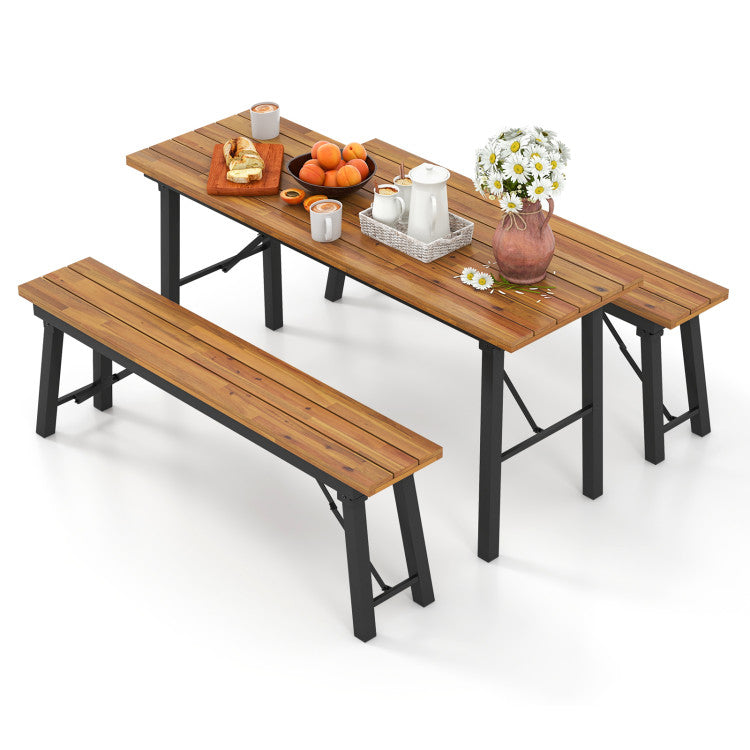 3 Pieces Foldable Picnic Table &amp; Bench Set Outdoor Acacia Wood Dining Camping Table Sets for BBQ Yard