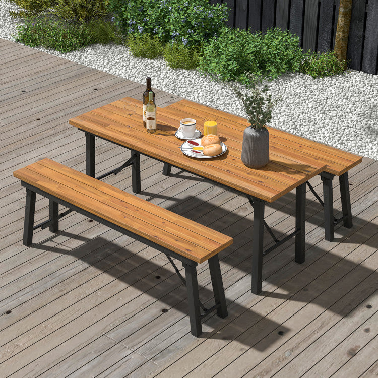 3 Pieces Foldable Picnic Table & Bench Set Outdoor Acacia Wood Dining Camping Table Sets for BBQ Yard