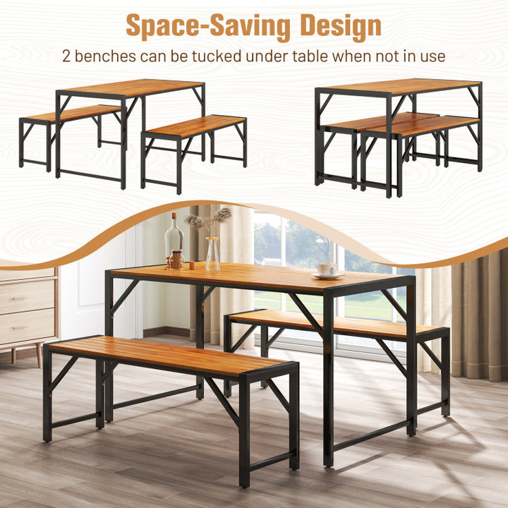 3 Pieces Outdoor Acacia Wood Dining Table Set with Adjustable Footpads and 2 Benches