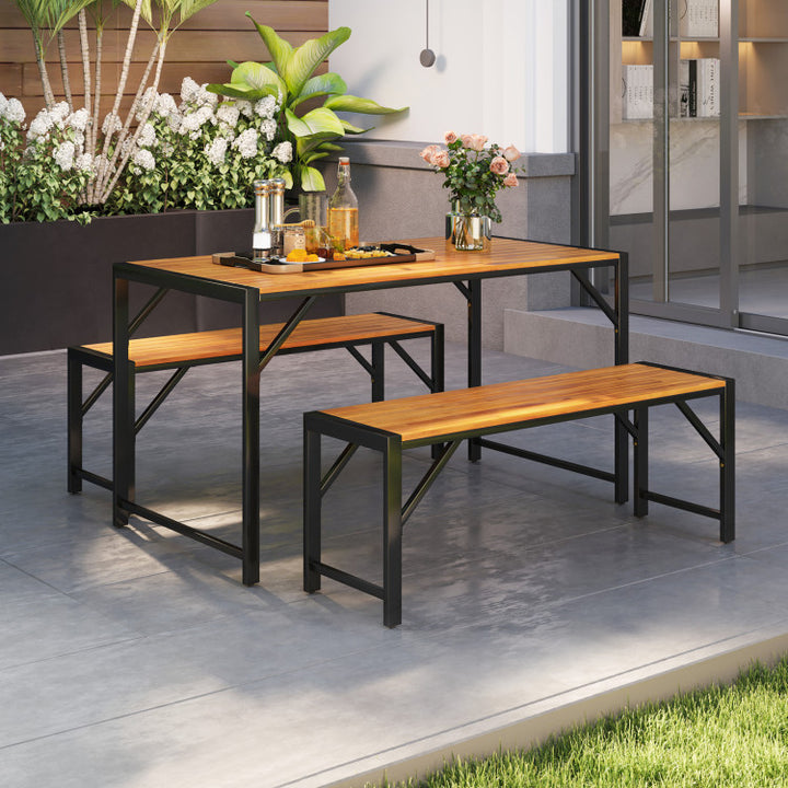 3 Pieces Outdoor Acacia Wood Dining Table Set with Adjustable Footpads and 2 Benches