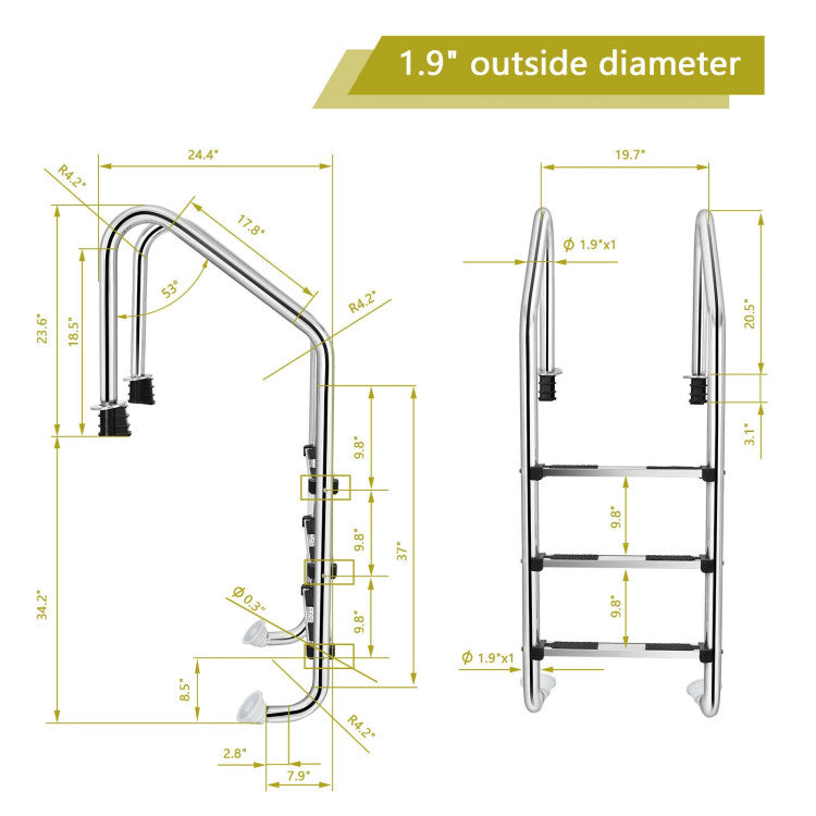 3-Step Stainless Steel Swimming Pool Ladder Heavy Duty Non-Slip Ladder with Handrails