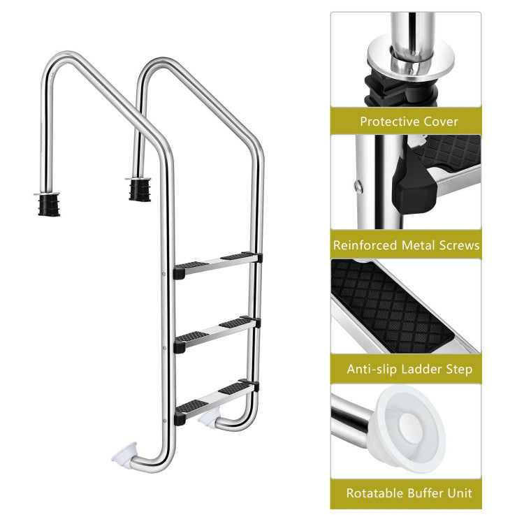 3-Step Stainless Steel Swimming Pool Ladder Heavy Duty Non-Slip Ladder with Handrails