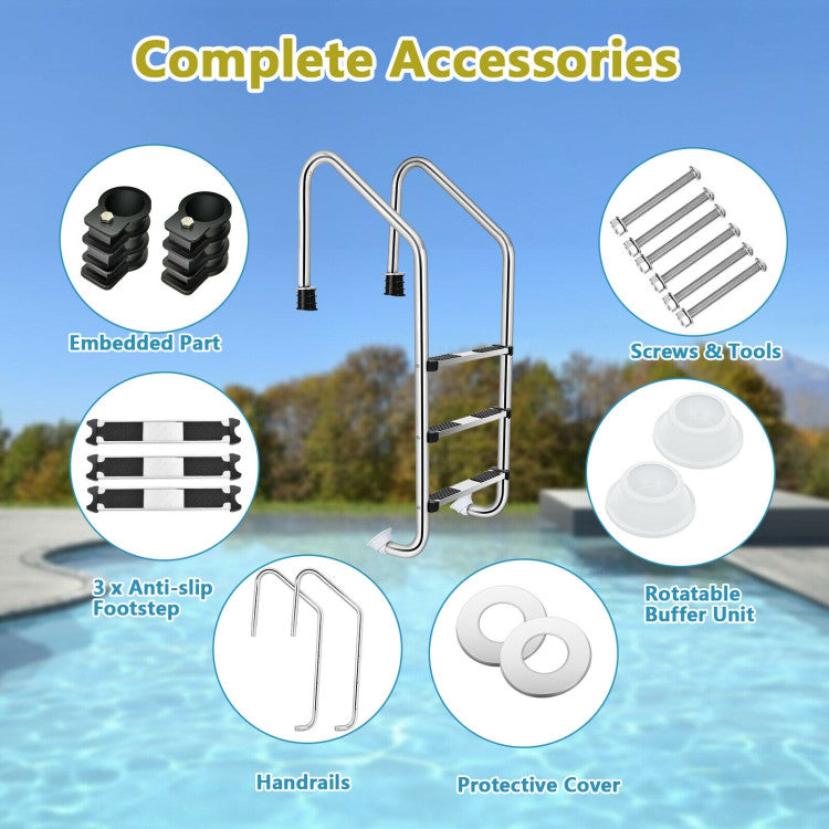 3-Step Stainless Steel Swimming Pool Ladder Heavy Duty Non-Slip Ladder with Handrails