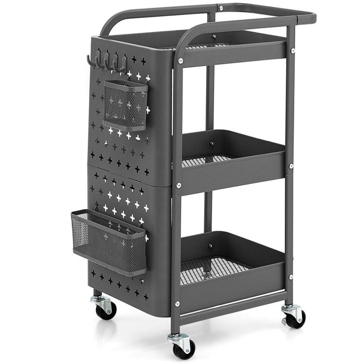 3-Tier Rolling Cart Utility Storage Organizer Trolley Service Cart with Baskets and Removable Hooks for Kitchen Garage