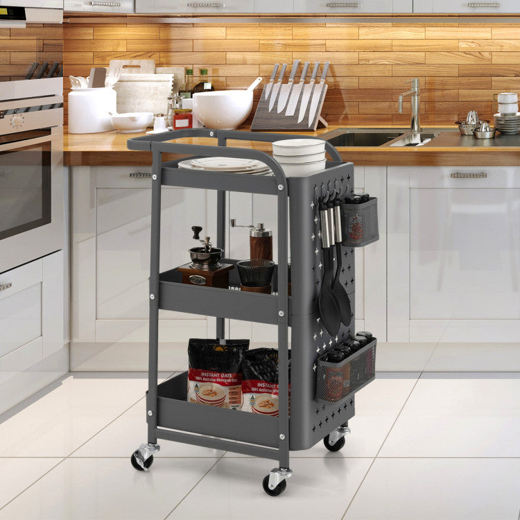 3-Tier Rolling Cart Utility Storage Organizer Trolley Service Cart with Baskets and Removable Hooks for Kitchen Garage