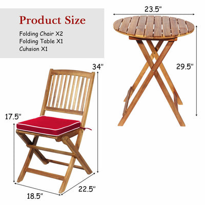 3 Pieces Outdoor Acacia Wood Bistro Set Foldable Patio Chair and Table Set with Removable Cushion
