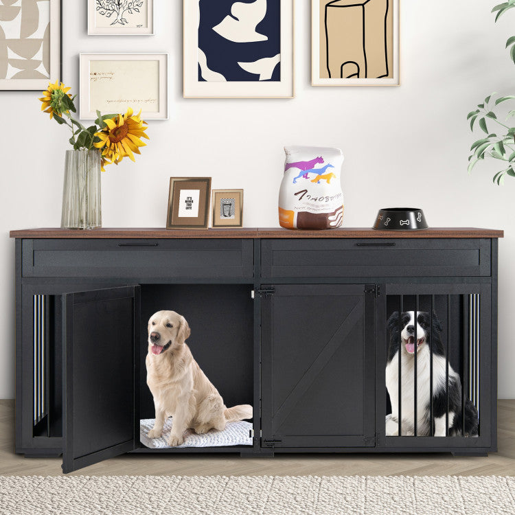 3-in-1 Double Dog Crate Furniture Large Breed Wood Dog Kennel Cage TV Stand with Removable Divider and 2 Doors