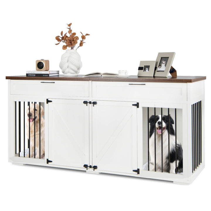 3-in-1 Double Dog Crate Furniture Large Breed Wood Dog Kennel Cage TV Stand with Removable Divider and 2 Doors