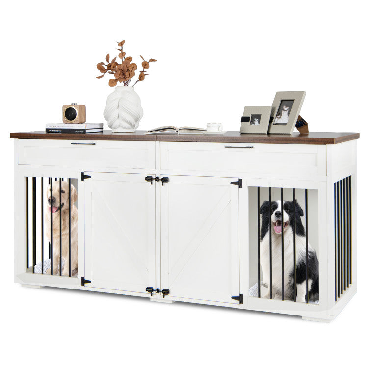 3-in-1 Double Dog Crate Furniture Large Breed Wood Dog Kennel Cage TV Stand with Removable Divider and 2 Doors