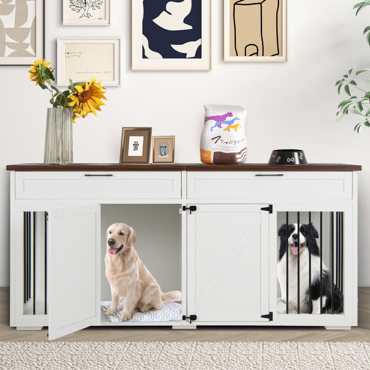 3-in-1 Double Dog Crate Furniture Large Breed Wood Dog Kennel Cage TV Stand with Removable Divider and 2 Doors
