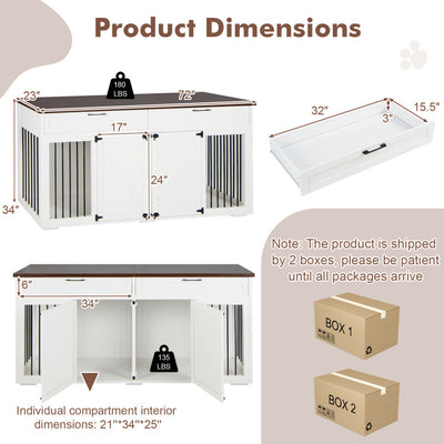 3-in-1 Double Dog Crate Furniture Large Breed Wood Dog Kennel Cage TV Stand with Removable Divider and 2 Doors