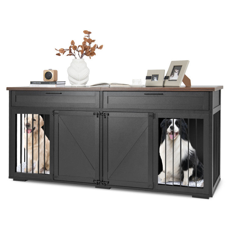 3-in-1 Double Dog Crate Furniture Large Breed Wood Dog Kennel Cage TV Stand with Removable Divider and 2 Doors